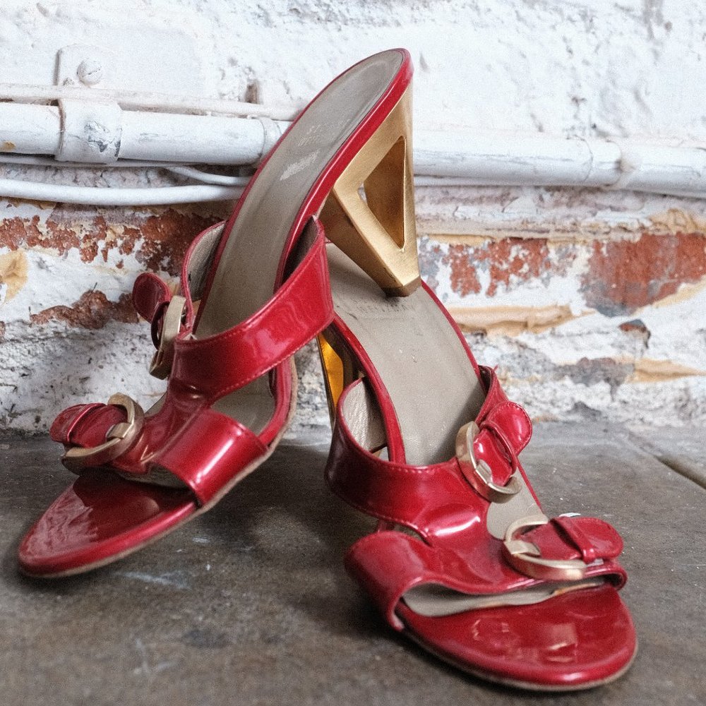 Stuart Wietzman Red Patent / Gold Heeled Sandals